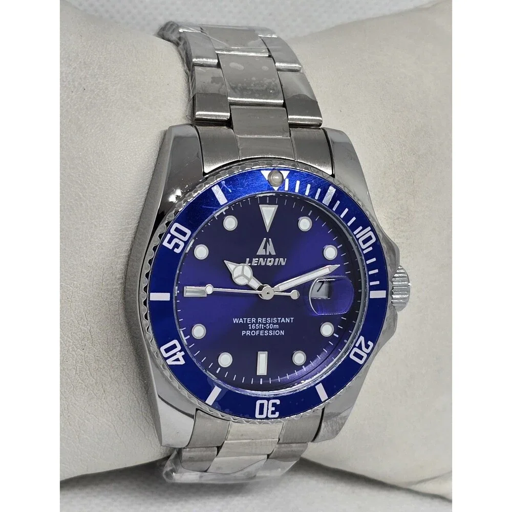 Men's Lenqin Classic Silver Tone Blue Dial Luminous Date Bracelet Watch 13